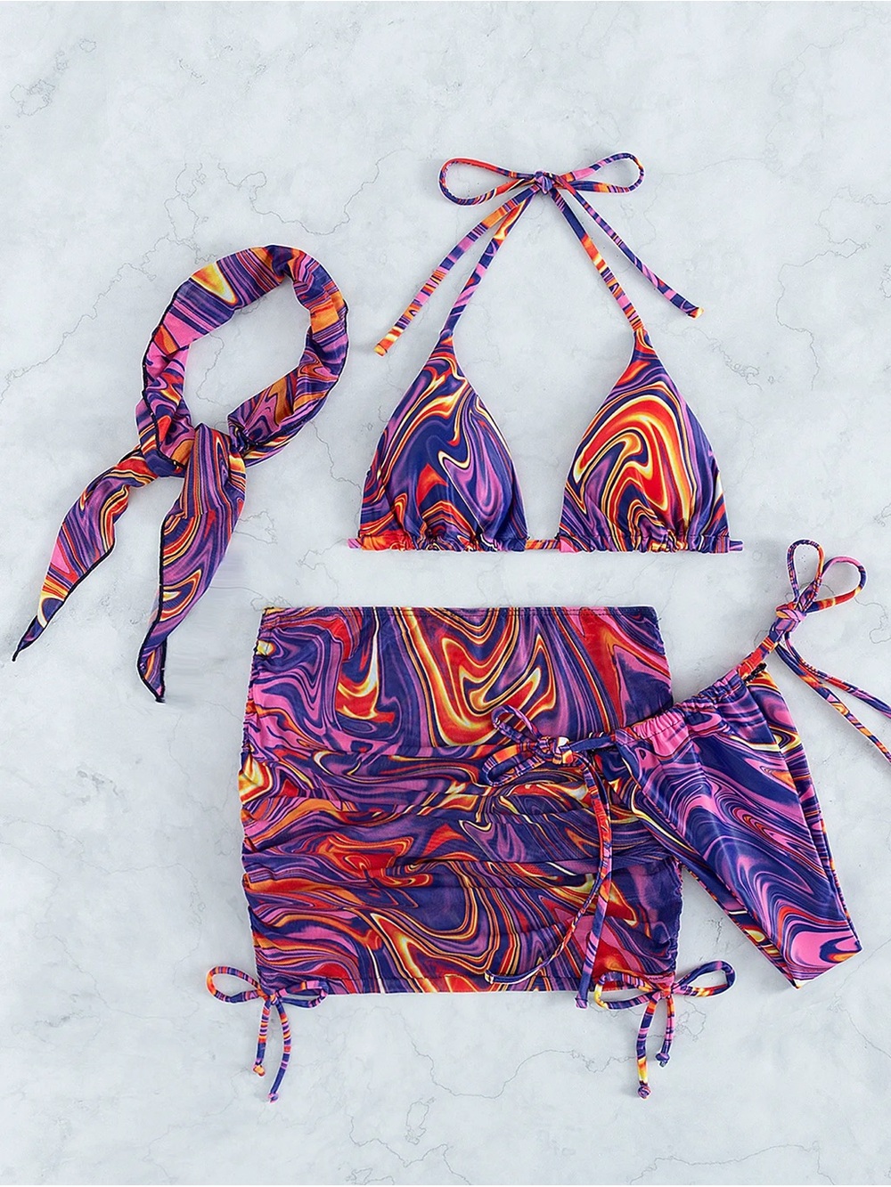 SHEIN Swimsuit Set - Purple & Pink Marble Print Bikini with Skirt & Scarf